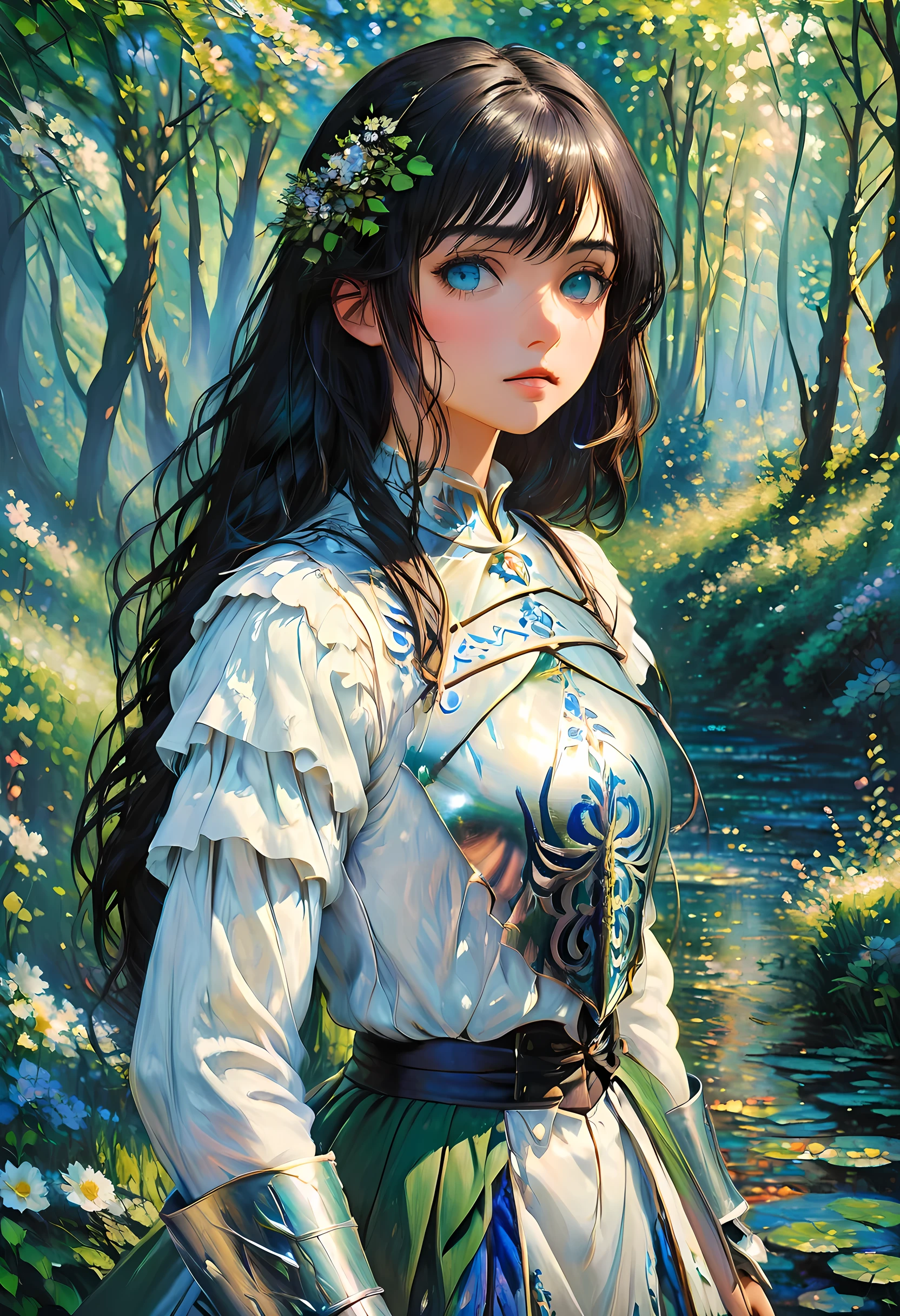 (Claude Monet Style:1.5) Claude_Monet style painting, a picture of woman paladin of nature protecting the forest, a woman knight, black hair, long hair, full body (best details, Masterpiece, best quality :1.5), ultra detailed face (best details, Masterpiece, best quality :1.5), ultra feminine (best details, Masterpiece, best quality :1.5), black hair, long hair, braided hair, pale skin, (deep blue: 1.2) eyes, intense eyes, wearying heavy armor, white armor (best details, Masterpiece, best quality :1.5), green cloak, armed with a sword, glowing sword GlowingRunes_green, fantasy forest background, D&D art, RPG art, magical atmosphere magic-fantasy-forest, ultra best realistic, best details, best quality, 16k, [ultra detailed], masterpiece, best quality, (extremely detailed), ultra wide shot, photorealism, depth of field, hyper realistic painting, ArmoredDress