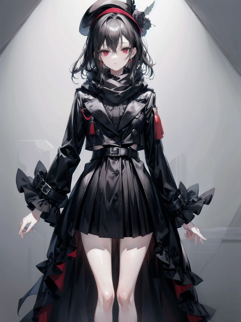 black French small hat, black trench coat, Black scarf, absurdres, RAW photo, extremely delicate and beautiful, masterpiece, Best Quality, ultra high resolution, 32k, hyperrealistic, ultra-detailed, detailed description, pale skin, 20 years old, tearful mole, earring, short medium hair, wavy hair, whole body shot, legs, Red eyes, 