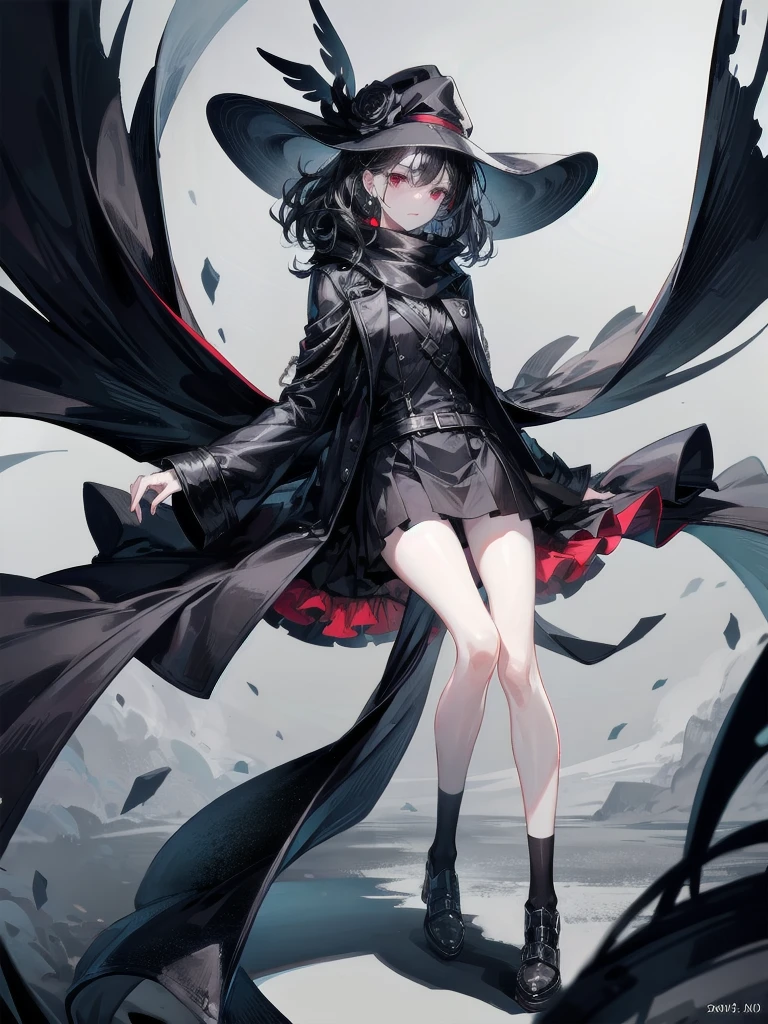 black French small hat, black trench coat, Black scarf, absurdres, RAW photo, extremely delicate and beautiful, masterpiece, Best Quality, ultra high resolution, 32k, hyperrealistic, ultra-detailed, detailed description, pale skin, 20 years old, tearful mole, earring, short medium hair, wavy hair, whole body shot, legs, Red eyes,