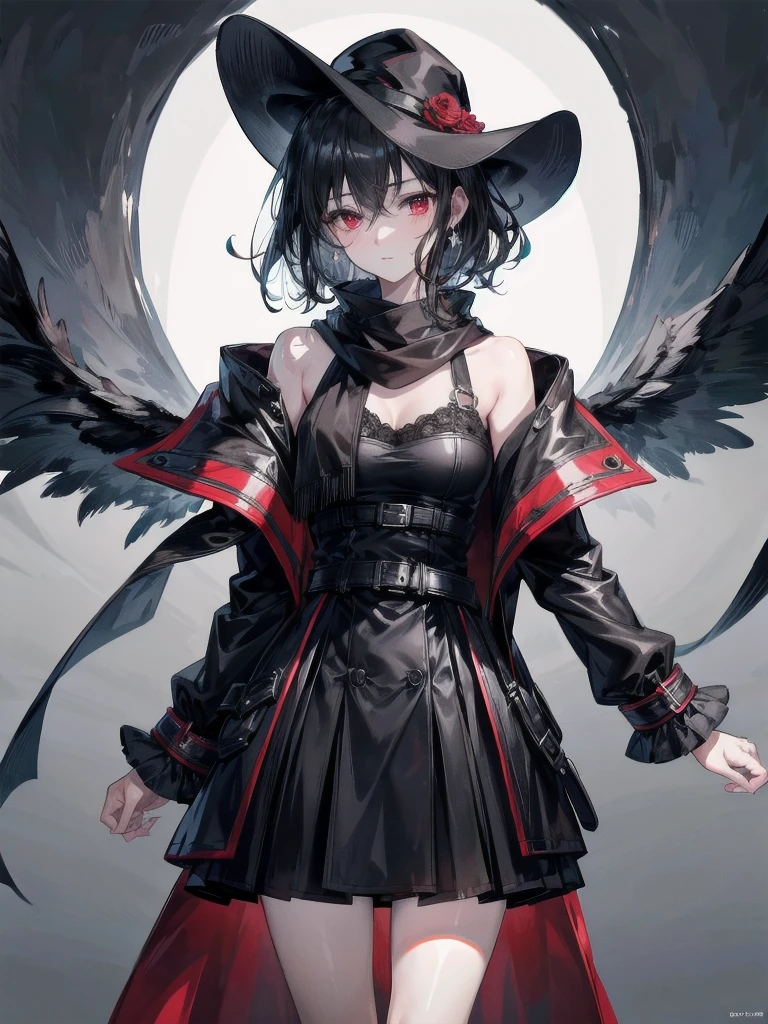 black French small hat, black trench coat, Black scarf, absurdres, RAW photo, extremely delicate and beautiful, masterpiece, Best Quality, ultra high resolution, 32k, hyperrealistic, ultra-detailed, detailed description, pale skin, 20 years old, tearful mole, earring, short medium hair, wavy hair, whole body shot, legs, Red eyes, 
