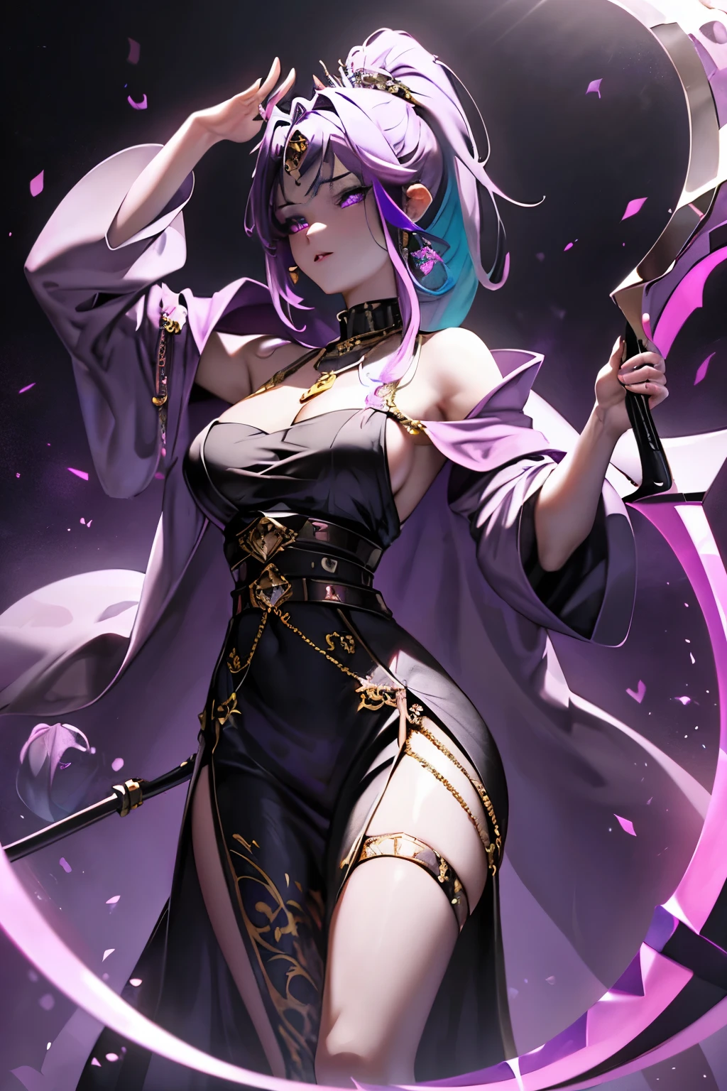 Vampire Queen Combat Dress (Radiant Royal Cloak: 1.2) Black and Purple Color, (extremely delicate beautiful eyes and depression but arrogant eyes), (multicolor, ponytail, iridescent hair, colorful hair, half purple and half pink hair: 1.3), (magical, mythic,fantasy), (Super Model Body Shape, idol, seducing body, attractive, gorgeous, charming, majesty, Sexy Devil aura), Original Character, Masterpiece, Tempting Purple Eyes, Purple Gemstone Accessories, Gold Belt, Gold Necklace, Wind Evil and body floating effect, Soft Moonlight, unique crown, (Corruption Tattoo on 1;1.25), (holding a Giant Scythe 1:1.3), 16k wallpaper style,bare shoulders, cute, , solo, stars, stardust, shiny body detailed, killing scenario, legend, horny blush, pink lips, cinematic lighting, full body close-up, scale up, twilight, dark magic, dark element, villain, real evil