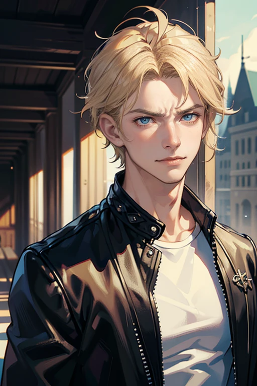 (tmasterpiece, high resolution, ultra - detailed:1.0), (1 boy, Young male, masculine face), Perfect male body, Adult male, Delicate eyes and delicate face, Extremely detailed CG, Unity 8k wallpaper, Complicated details, Detailed face, (blond hair, messy hair, serious faces, white T-shirt,Bad students), (frown,evil smile:1.3), Standing in school corridor,black leather jacket, color difference, Depth of field, dramatic shadow, Ray tracing, Best quality, Cinematic lighting, offcial art,Portrait