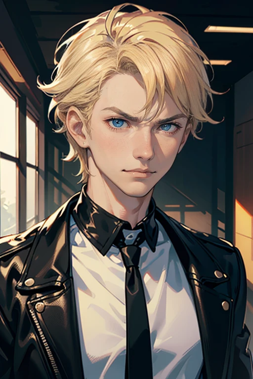 (tmasterpiece, high resolution, ultra - detailed:1.0), (1 boy, Young male, masculine face), Perfect male body, Adult male, Delicate eyes and delicate face, Extremely detailed CG, Unity 8k wallpaper, Complicated details, Detailed face, (blond hair, messy hair, serious faces, white T-shirt,Bad students), (frown,evil smile:1.3), Standing in school corridor,black leather jacket, color difference, Depth of field, dramatic shadow, Ray tracing, Best quality, Cinematic lighting, offcial art,Portrait