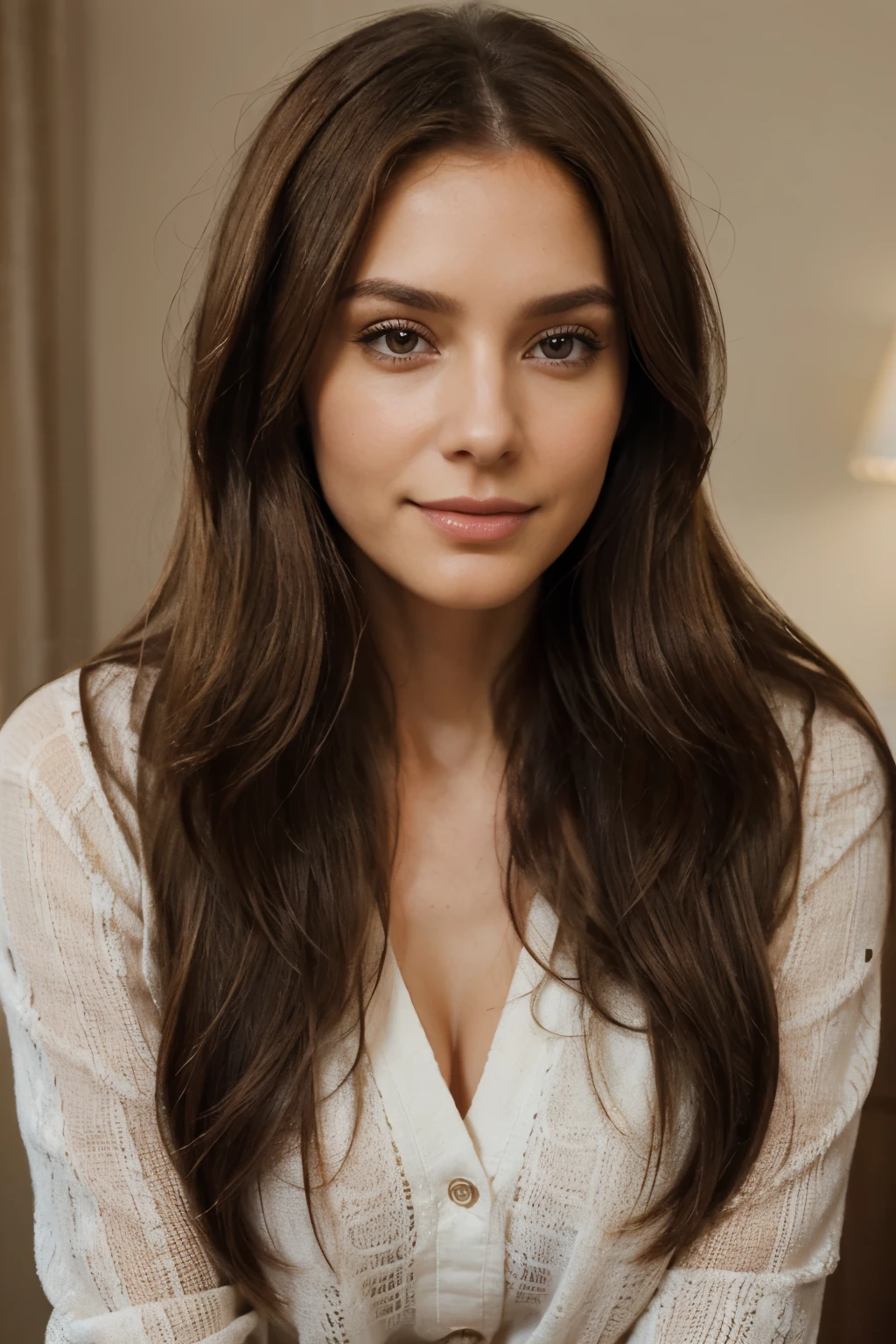 (best quality,realistic:1.2),beautiful detailed brown-haired woman in her 40s,long straight hair,clear-eyed with dimples,front-facing,illustration,stunningly realistic portrait,warm color palette,soft lighting,highly detailed,professional,feminine elegance,lush locks,subtle smile,subtle makeup,sophisticated atmosphere,graceful posture,neutral background,vibrant colors,soft shadows,subtle highlights,medium brush strokes,delicate features,refined appearance,intense gaze.