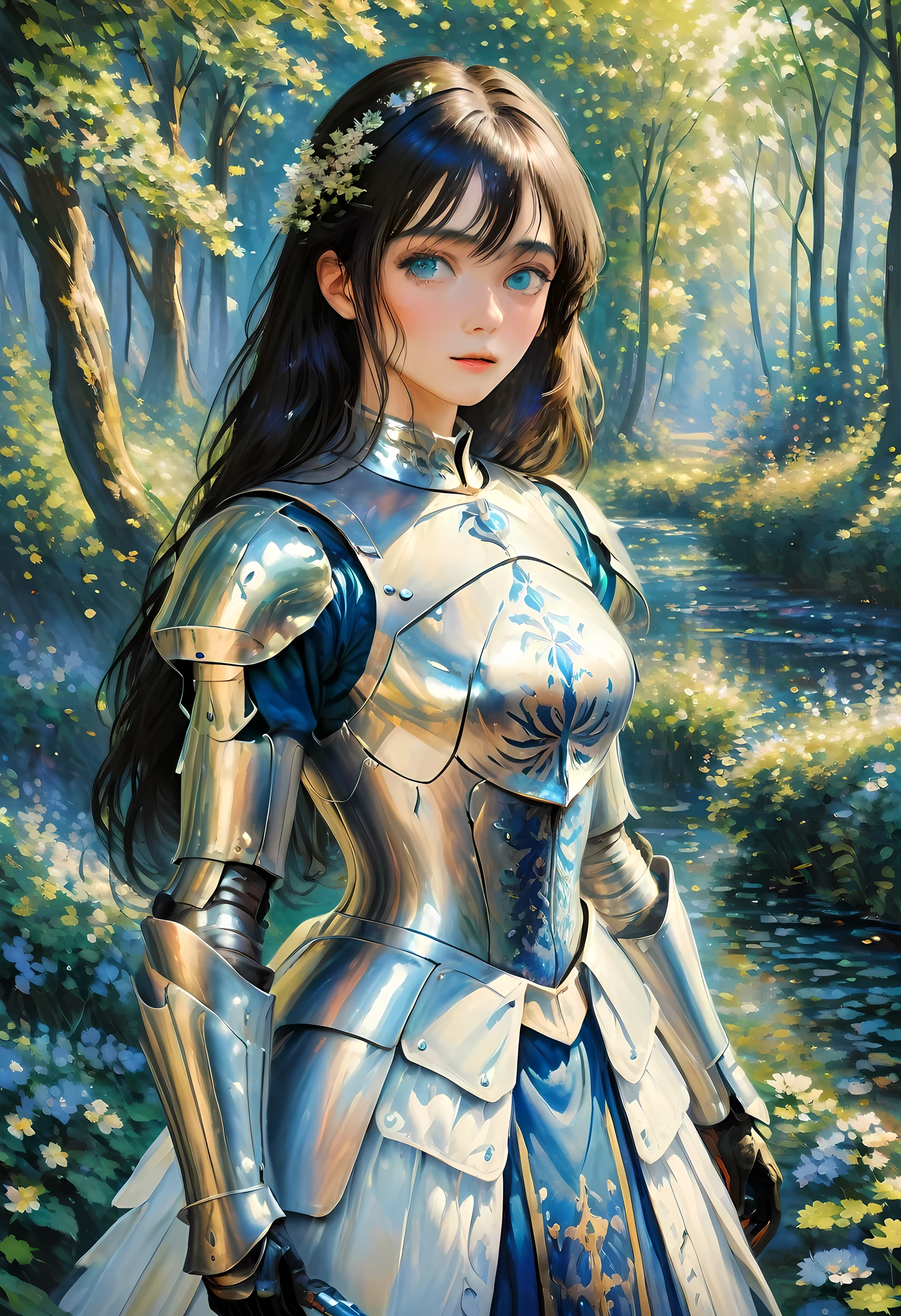 (Claude Monet Style:1.5) Claude_Monet style painting, a picture of woman paladin of nature protecting the forest, a woman knight, black hair, long hair, full body (best details, Masterpiece, best quality :1.5), ultra detailed face (best details, Masterpiece, best quality :1.5), ultra feminine (best details, Masterpiece, best quality :1.5), black hair, long hair, braided hair, pale skin, (deep blue: 1.2) eyes, intense eyes, wearying heavy armor, white armor (best details, Masterpiece, best quality :1.5), green cloak, armed with a sword, glowing sword GlowingRunes_green, fantasy forest background, D&D art, RPG art, magical atmosphere magic-fantasy-forest, ultra best realistic, best details, best quality, 16k, [ultra detailed], masterpiece, best quality, (extremely detailed), ultra wide shot, photorealism, depth of field, hyper realistic painting, ArmoredDress