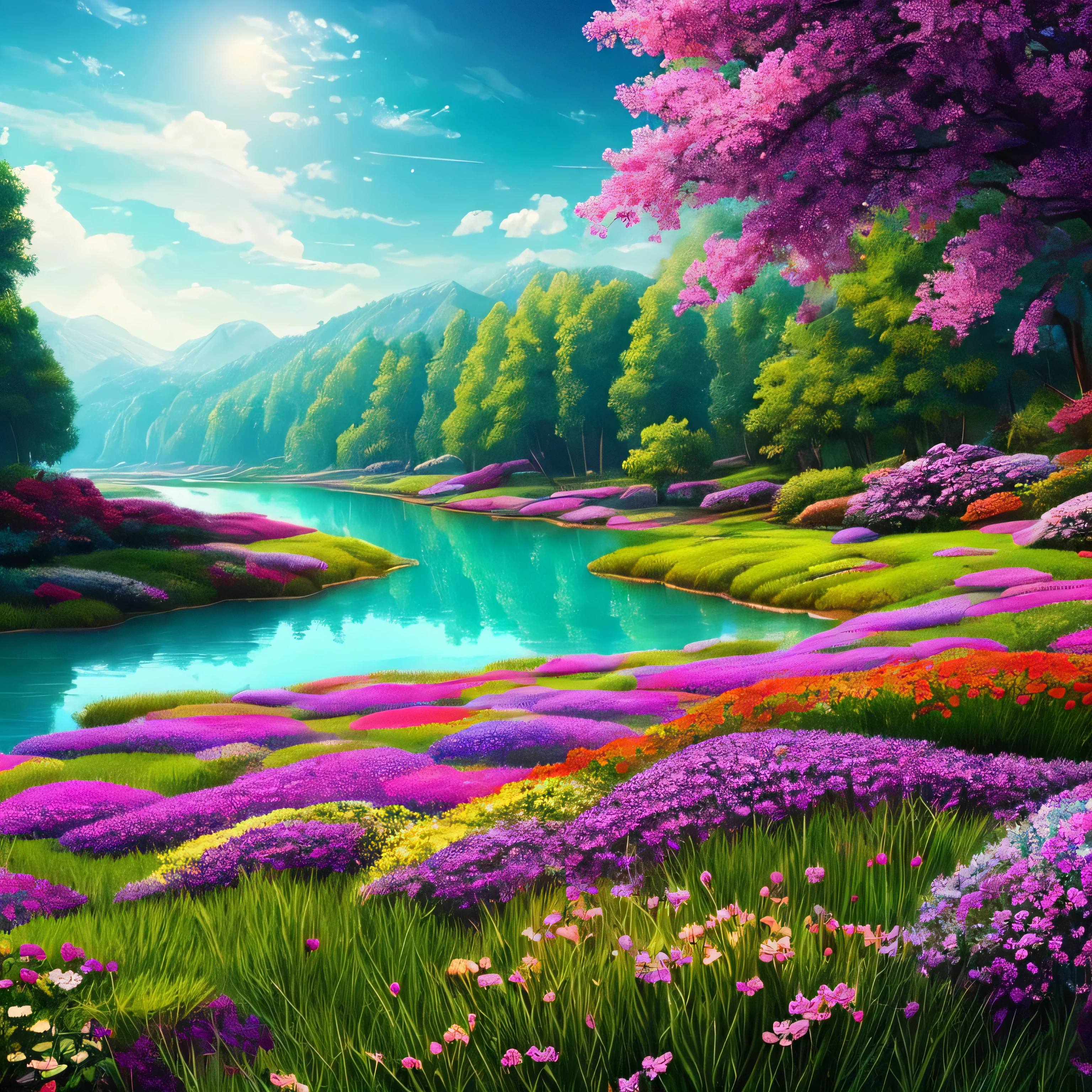 masterpiece, 最high quality, high quality, Very detailed CG unity 8k wallpaper, Vibrant colors、Colorful flowers、rain、rain、rain、an extremely colorful and pure fantasy environment, bright green grass landscape, colorful trees々々々, Shining Fruit, Bright blue flowers. The color of the river is deep blue, The air is filled with sweet exotic scents. The environment is dreamy, Award-winning photography, Bokeh, Written boundary depth, High resolution, bloom, chromatic aberration ,Realistic,Very detailed, Talked about at the art station, cgsociety Trends, Complex, Attention to detail, dramatic, art：The middle of a journey