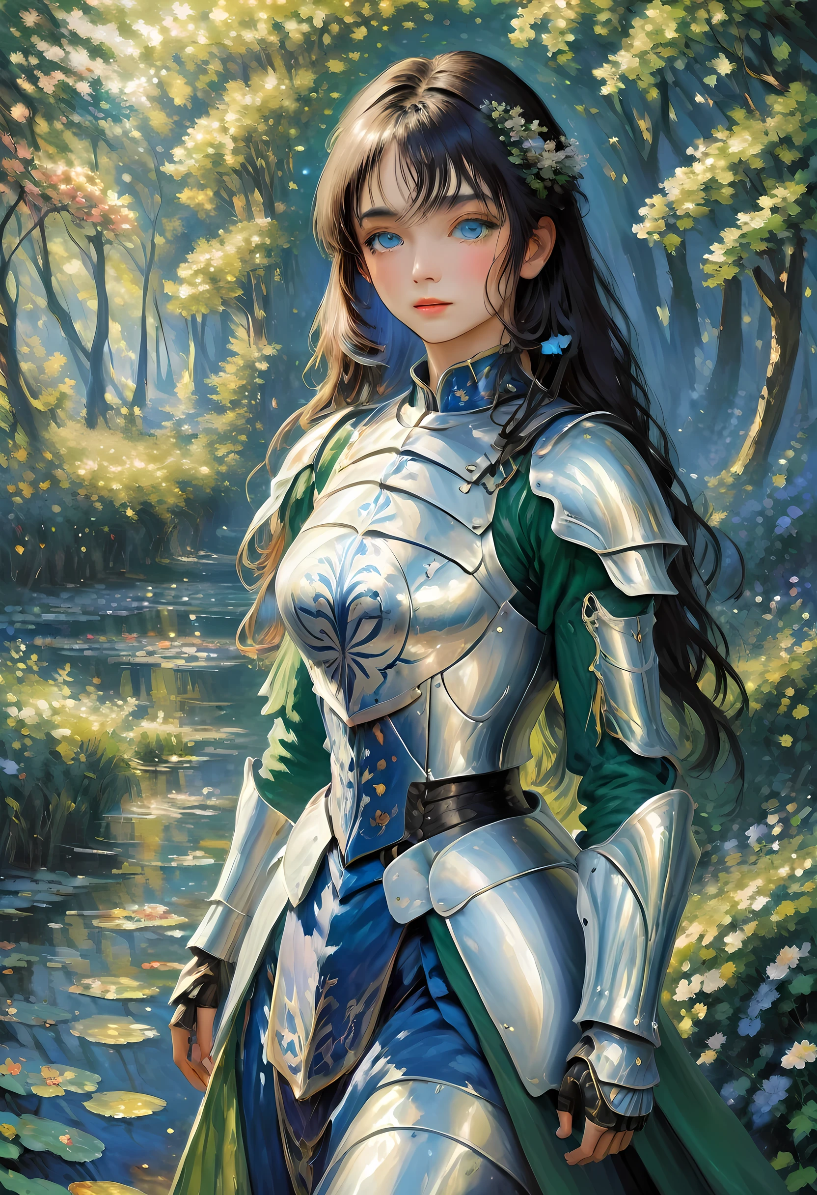 (Claude Monet Style:1.5) Claude_Monet style painting, a picture of woman paladin of nature protecting the forest, a woman knight, black hair, long hair, full body (best details, Masterpiece, best quality :1.5), ultra detailed face (best details, Masterpiece, best quality :1.5), ultra feminine (best details, Masterpiece, best quality :1.5), black hair, long hair, braided hair, pale skin, (deep blue: 1.2) eyes, intense eyes, wearying heavy armor, white armor (best details, Masterpiece, best quality :1.5), green cloak, armed with a sword, glowing sword GlowingRunes_green, fantasy forest background, D&D art, RPG art, magical atmosphere magic-fantasy-forest, ultra best realistic, best details, best quality, 16k, [ultra detailed], masterpiece, best quality, (extremely detailed), ultra wide shot, photorealism, depth of field, hyper realistic painting, ArmoredDress