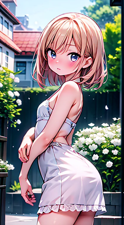 ((highest quality)), ((masterpiece)), (detailed), Perfect Face, masterpiece:1.2, highest quality), (Realistic, photoRealistic:1.4), Beautiful illustrations, (Natural Side Lighting, Cinema Lighting), Browsing Caution,Anime illustration, 非常にdetailedな, Absurd, 超High resolution, 非常にdetailedな, highest quality, 1 short-haired, brown-eyed woman, alone, Nice hands, Perfect hands,Slightly chubby,Small breasts,The butt is small, White lace dress, Cowboy Shot, Thighs, beautiful girl, (Flowers, Lots of small white petals:1.3), garden, blue sky, View your viewers, Official Art, RAWphotograph, 信じられないほどAbsurd, Face Light, Dynamic Lighting, Cinema Lighting, Ultra-realistic, High resolution, photograph, Sharp focus, 最もdetailedな, 非常にdetailedな, 超detailed, 細かくdetailedに, 非常にdetailedな目と顔