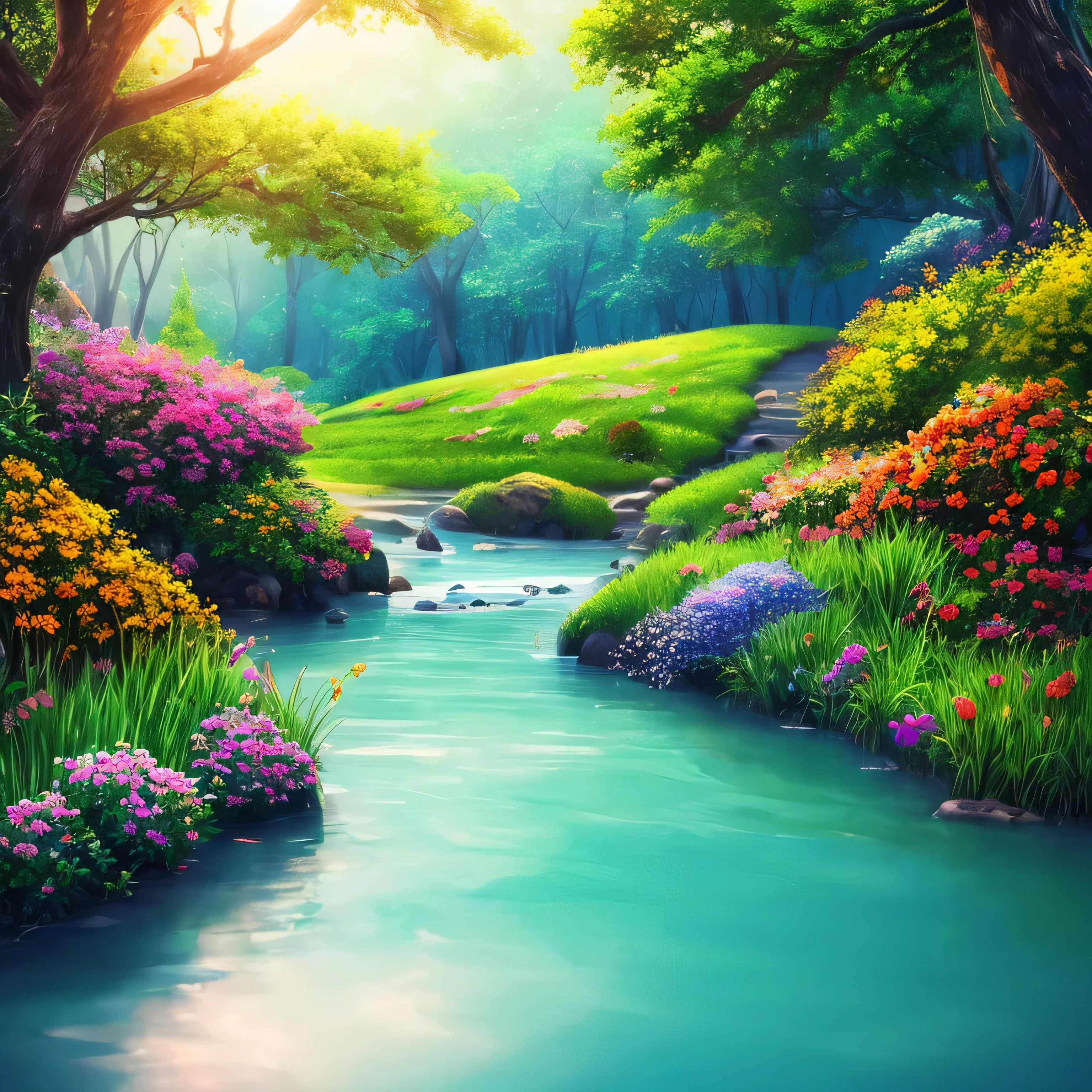 masterpiece, 最high quality, high quality, Very detailed CG unity 8k wallpaper, Vibrant colors、Colorful flowers、rain、rain、rain、an extremely colorful and pure fantasy environment, bright green grass landscape, colorful trees々々々, Shining Fruit, Bright blue flowers. The color of the river is deep blue, The air is filled with sweet exotic scents. The environment is dreamy, Award-winning photography, Bokeh, Written boundary depth, High resolution, bloom, chromatic aberration ,Realistic,Very detailed, Talked about at the art station, cgsociety Trends, Complex, Attention to detail, dramatic, art:The middle of a journey