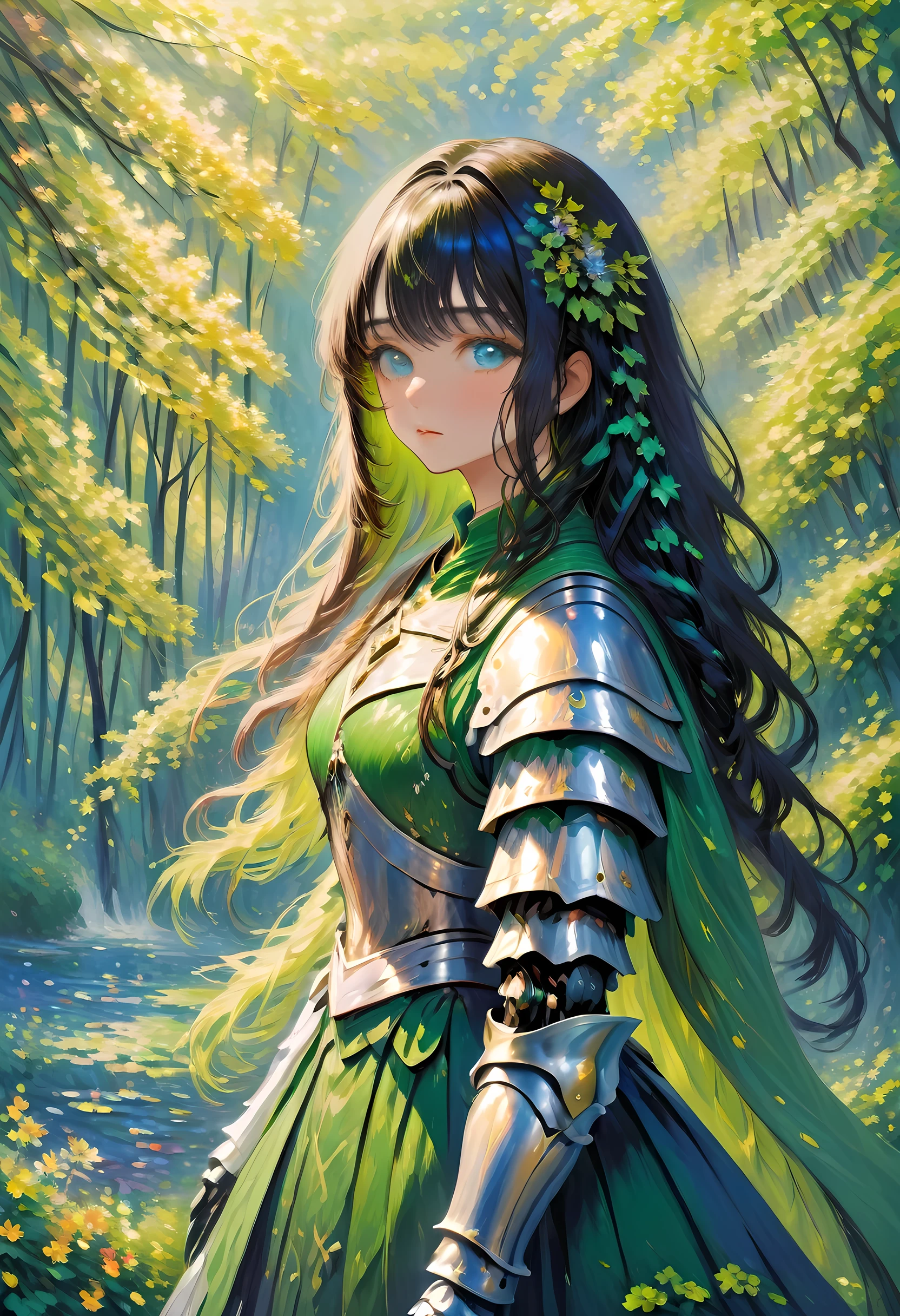 (Claude Monet Style:1.5) Claude_Monet style painting, a picture of woman paladin of nature protecting the forest, a woman knight, black hair, long hair, full body (best details, Masterpiece, best quality :1.5), ultra detailed face (best details, Masterpiece, best quality :1.5), ultra feminine (best details, Masterpiece, best quality :1.5), black hair, long hair, braided hair, pale skin, (deep blue: 1.2) eyes, intense eyes, wearying heavy armor, white armor (best details, Masterpiece, best quality :1.5), green cloak, armed with a sword, glowing sword GlowingRunes_green, fantasy forest background, D&D art, RPG art, magical atmosphere magic-fantasy-forest, ultra best realistic, best details, best quality, 16k, [ultra detailed], masterpiece, best quality, (extremely detailed), ultra wide shot, photorealism, depth of field, hyper realistic painting, cybrk