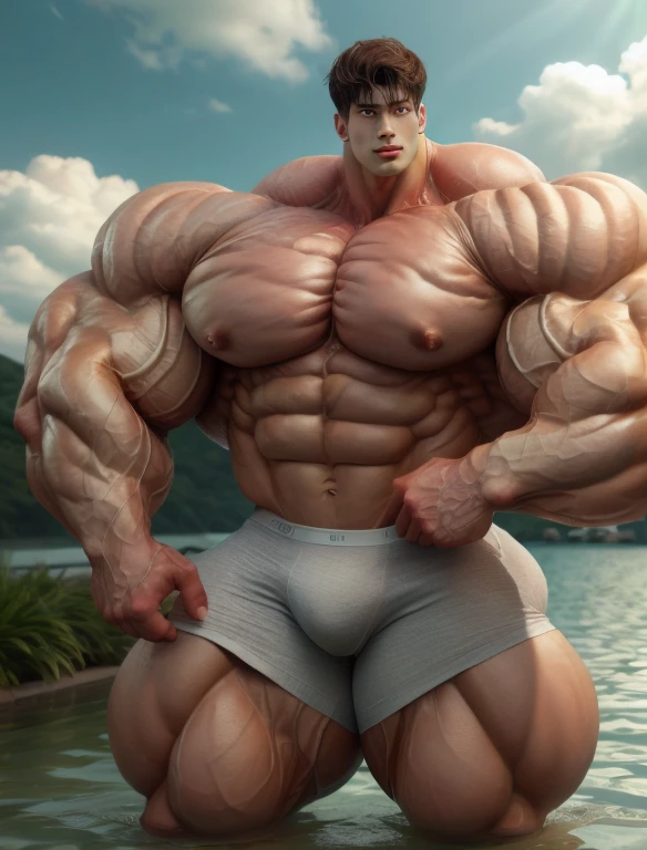 1 asian boy, giant, model shoot style, looking at camera, standing, cool ambience, outdoor, summer season, at the ocean lagoon, cloudy sky, strong body, bulk, large size, standing, white triangular underwear, prominent bulge, big, brutalmass, giant, muscular body, bulk, massive body, large meaty body size, brown skin, wet