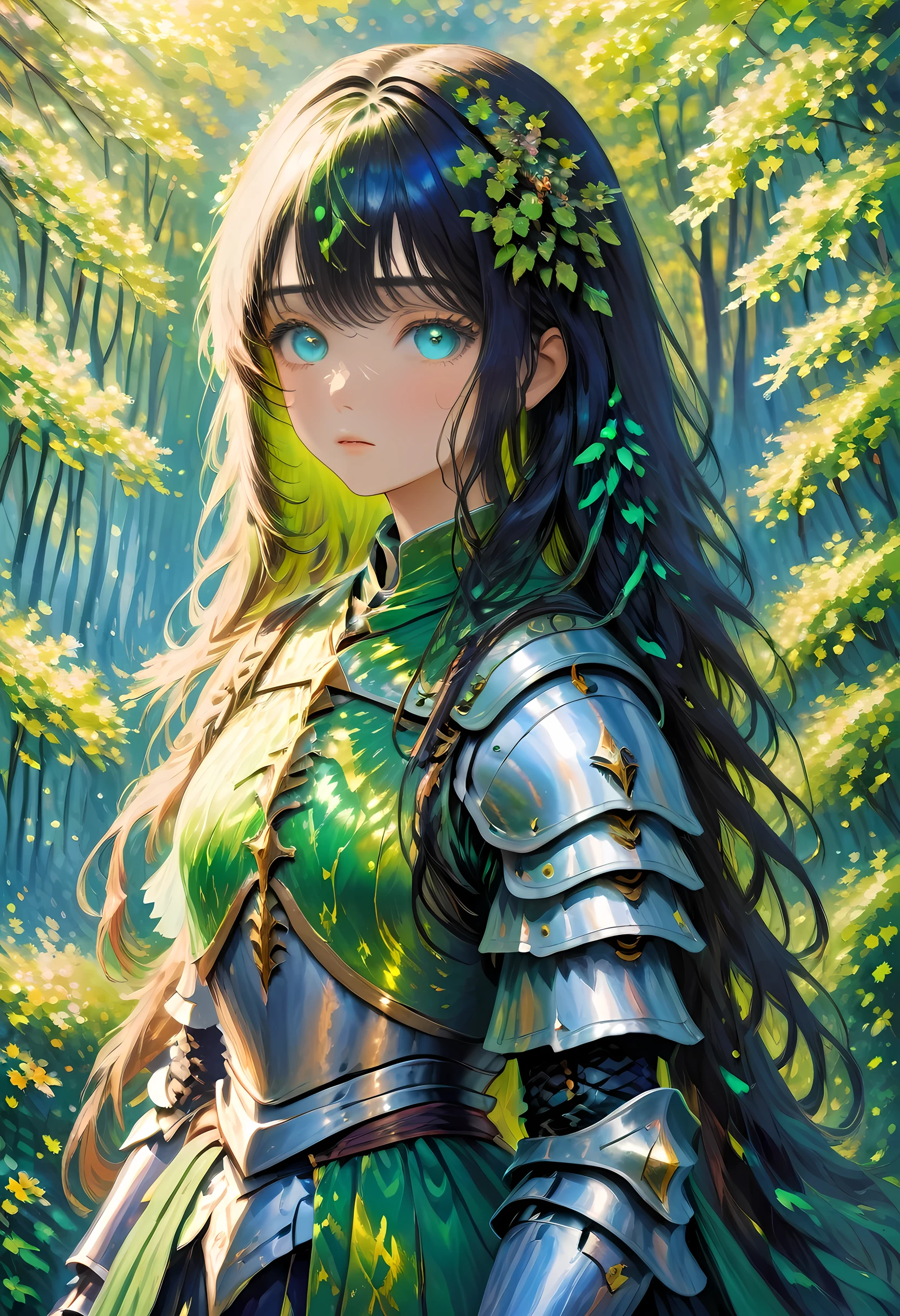 (Claude Monet Style:1.5) Claude_Monet style painting, a picture of woman paladin of nature protecting the forest, a woman knight, black hair, long hair, full body (best details, Masterpiece, best quality :1.5), ultra detailed face (best details, Masterpiece, best quality :1.5), ultra feminine (best details, Masterpiece, best quality :1.5), black hair, long hair, braided hair, pale skin, (deep blue: 1.2) eyes, intense eyes, wearying heavy armor, white armor (best details, Masterpiece, best quality :1.5), green cloak, armed with a sword, glowing sword GlowingRunes_green, fantasy forest background, D&D art, RPG art, magical atmosphere magic-fantasy-forest, ultra best realistic, best details, best quality, 16k, [ultra detailed], masterpiece, best quality, (extremely detailed), ultra wide shot, photorealism, depth of field, hyper realistic painting, cybrk