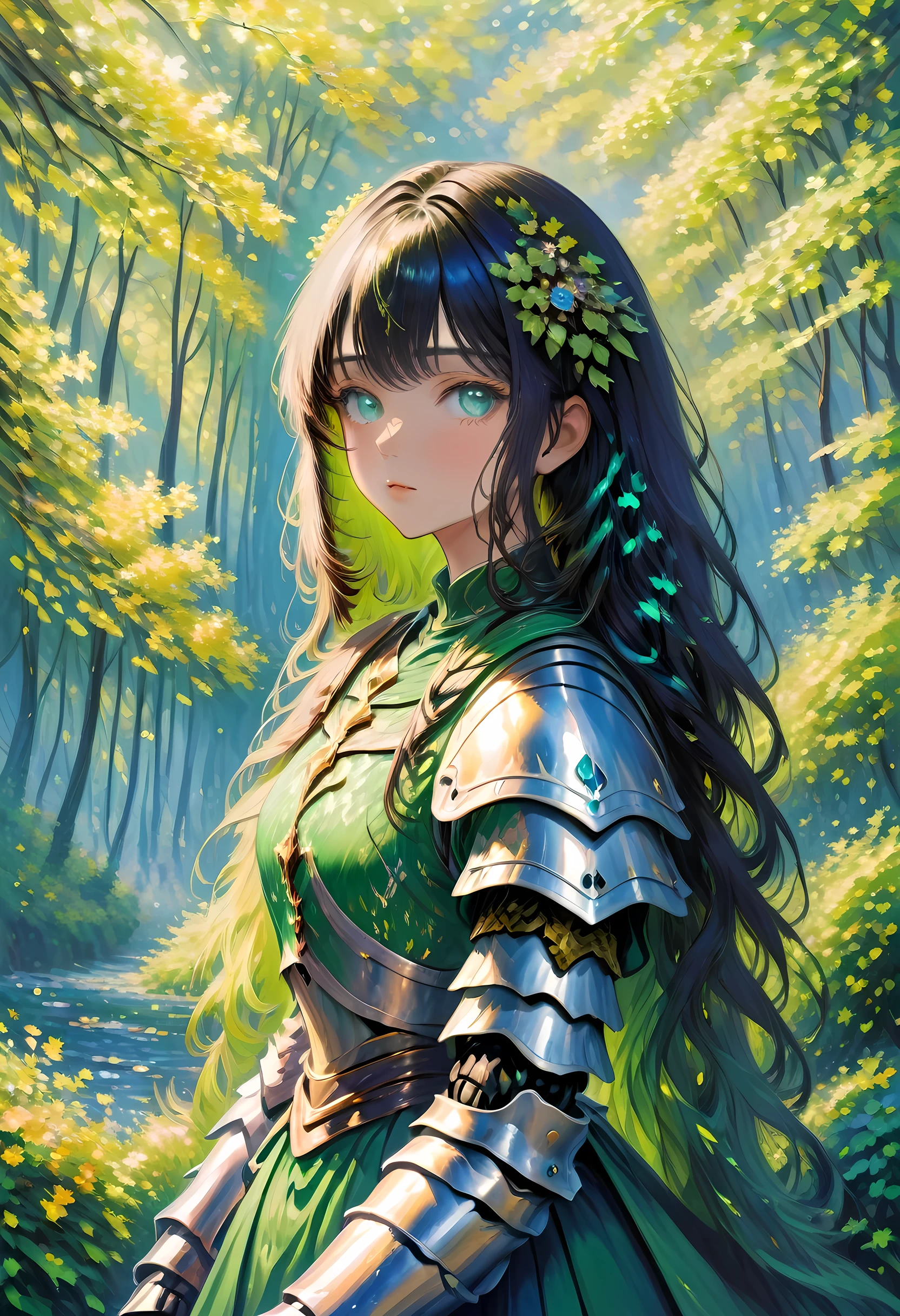 (Claude Monet Style:1.5) Claude_Monet style painting, a picture of woman paladin of nature protecting the forest, a woman knight, black hair, long hair, full body (best details, Masterpiece, best quality :1.5), ultra detailed face (best details, Masterpiece, best quality :1.5), ultra feminine (best details, Masterpiece, best quality :1.5), black hair, long hair, braided hair, pale skin, (deep blue: 1.2) eyes, intense eyes, wearying heavy armor, white armor (best details, Masterpiece, best quality :1.5), green cloak, armed with a sword, glowing sword GlowingRunes_green, fantasy forest background, D&D art, RPG art, magical atmosphere magic-fantasy-forest, ultra best realistic, best details, best quality, 16k, [ultra detailed], masterpiece, best quality, (extremely detailed), ultra wide shot, photorealism, depth of field, hyper realistic painting, cybrk