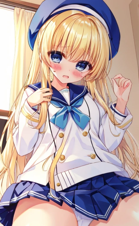 Beautiful long blonde blue eyes Embarrassing Tears are overflowing from my eyes A girl wearing a long-sleeved sailor suit Pleated skirt mini skirt No underwear Implied fellatio pov 1boy