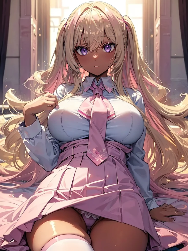 (masterpiece,best quality,ultra-detailed) beautiful and detailed face, detailed eyes, looking at viewer, Anime gyaru girl with wavy long blonde hair and pink dyed edges, tan skin, blue eyes, big breasts, thick thighs, pink tie in a white shirt, highschool uniform