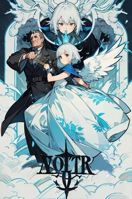 Beautiful anime art: a cold girl with silver hair in a white and blue flowing dress flies on huge translucent wings to a dark, strong man with black hair in scarlet and black flowing clothes, and behind him an army of thousands of monsters