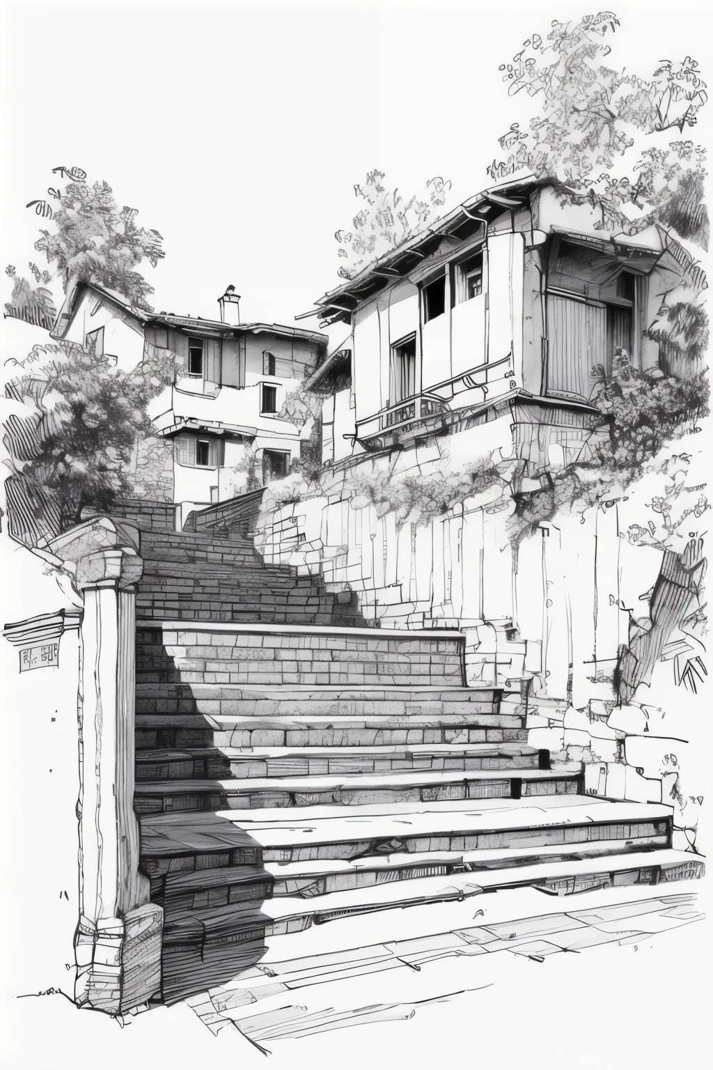 Masterpiece,(Best Quality),detailed,sketch,Landscape,Houses,Stairs,Trees,