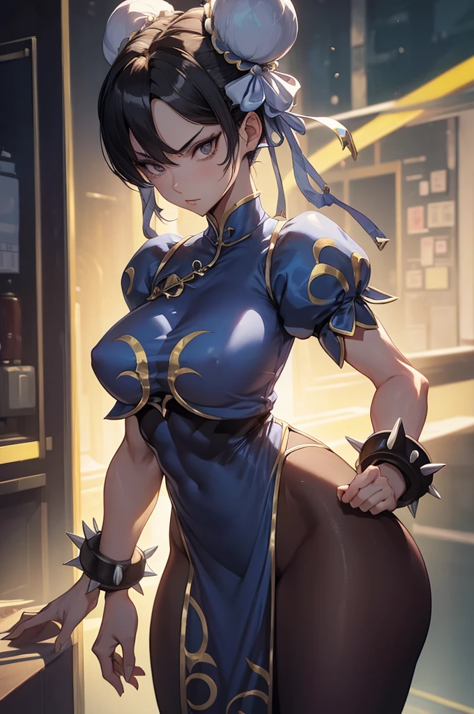 chun li,Obra de arte, melhor qualidade, agrias, gray sweater, collant preto, standing, olhando para o espectador,belas coxas,roupa azul,olhar penetrante,evil look,oculos no rosto,melhor qualidade,best quality,looking at viewer