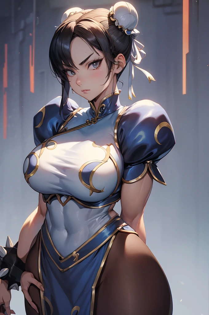 chun li,Obra de arte, melhor qualidade, agrias, gray sweater, collant preto, standing, olhando para o espectador,belas coxas,roupa azul,olhar penetrante,evil look,oculos no rosto,melhor qualidade,best quality,looking at viewer
