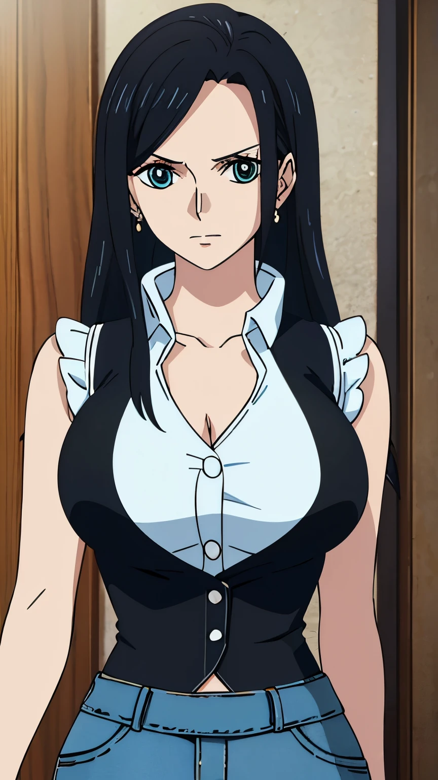 (Best quality, 8k, high resolution, masterpiece:1.2), Ultra detailed, Anime art style, Fine details, Dynamic angles, Black Hair, Big breasts,20s women's style, mature women, glamour,Beautiful character design, Perfect eyes, Perfect face, Expressive eyes, Perfect balance, (Earrings, Jewelry, Denim Dress, Open Vest, Black Pantyhose, Black Shirt, Denim Skirt), Looking at viewer, In the center of the image, Cowboy shot,