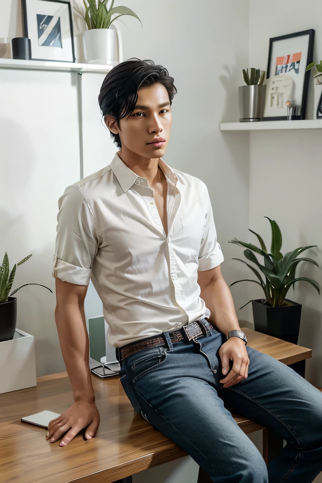 The young East Asian male model with smooth, fair skin and short, styled black hair is sitting at a modern home office desk. He’s dressed in a casual button-up shirt and jeans, looking focused as he works on a laptop. The room has a minimalist design with a bookshelf and a few indoor plants in the background.