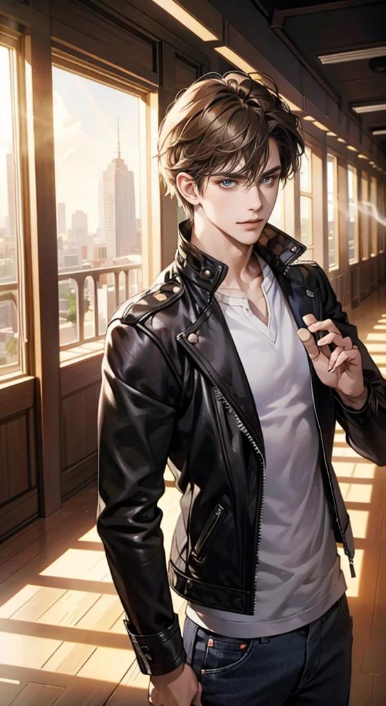 (tmasterpiece, high resolution, ultra - detailed:1.0), (male), Eyes looking at the camera, Perfect male body, Delicate eyes and delicate face, Extremely detailed CG, 8K wallpaper, Complicated details, solo person, (School clothes, Leather jacket, Evil smile, Brown hairbl, Messy hair, ), School background, Smoking, Stand in the hallway, color difference, Depth of field, dramatic shadow, Ray tracing, Best quality, Cinematic lighting, offcial art, Portrait