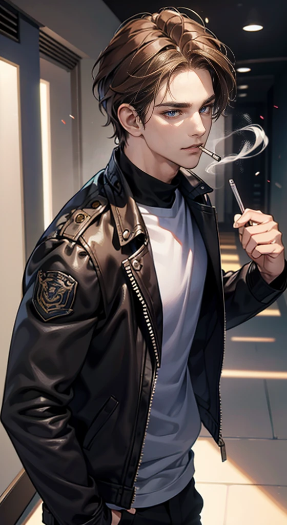 (tmasterpiece, high resolution, ultra - detailed:1.0), (male), Eyes looking at the camera, Perfect male body, Delicate eyes and delicate face, Extremely detailed CG, 8K wallpaper, Complicated details, solo person, (School clothes, Leather jacket, Evil smile, Brown hairbl, Messy hair, ), School background, Smoking, Stand in the hallway, color difference, Depth of field, dramatic shadow, Ray tracing, Best quality, Cinematic lighting, offcial art, Portrait