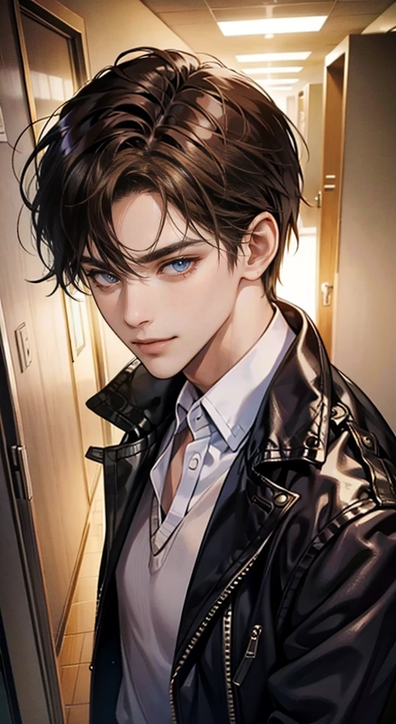 (tmasterpiece, high resolution, ultra - detailed:1.0), (male), Eyes looking at the camera, Perfect male body, Delicate eyes and delicate face, Extremely detailed CG, 8K wallpaper, Complicated details, solo person, (School clothes, Leather jacket, Evil smile, Brown hairbl, Messy hair, ), School background, Smoking, Stand in the hallway, color difference, Depth of field, dramatic shadow, Ray tracing, Best quality, Cinematic lighting, offcial art, Portrait