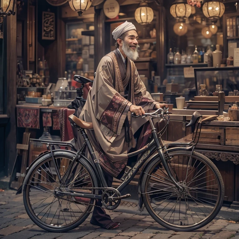 Ride an Antique Bicycle on Baker Street 、Hair flow、 ((highest quality、masterpiece、8k、Best image quality、Ultra-high resolution、Award-winning works)、(Accurate anatomy:1.1)、(Look at me and smile:1.1)、Shining fair skin with Ultra-high resolution、The most detailed face、Ultra-high resolution detailed face、Ultra-high resolutionの髪の毛、(Ultra-high resolutionの煌めく瞳:1.1)、Beautiful face drawn in every detail、(Blurred Background:1.1)、Ancient Islamic clothing, Chest to chest, tattoo,