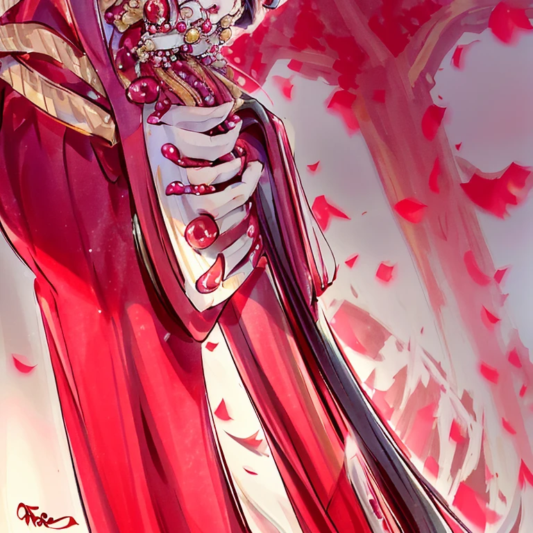 masterpiece, best quality,Princess in red martyred，Cool and beautiful temperament，Elegant hair accessories，Vomiting blood，The look of compassion makes people feel distressed，Beautiful eyebrows，Wearing ancient red dress standing on the high platform，Visual audience，Mid-chest，Perfect body proportions，4K