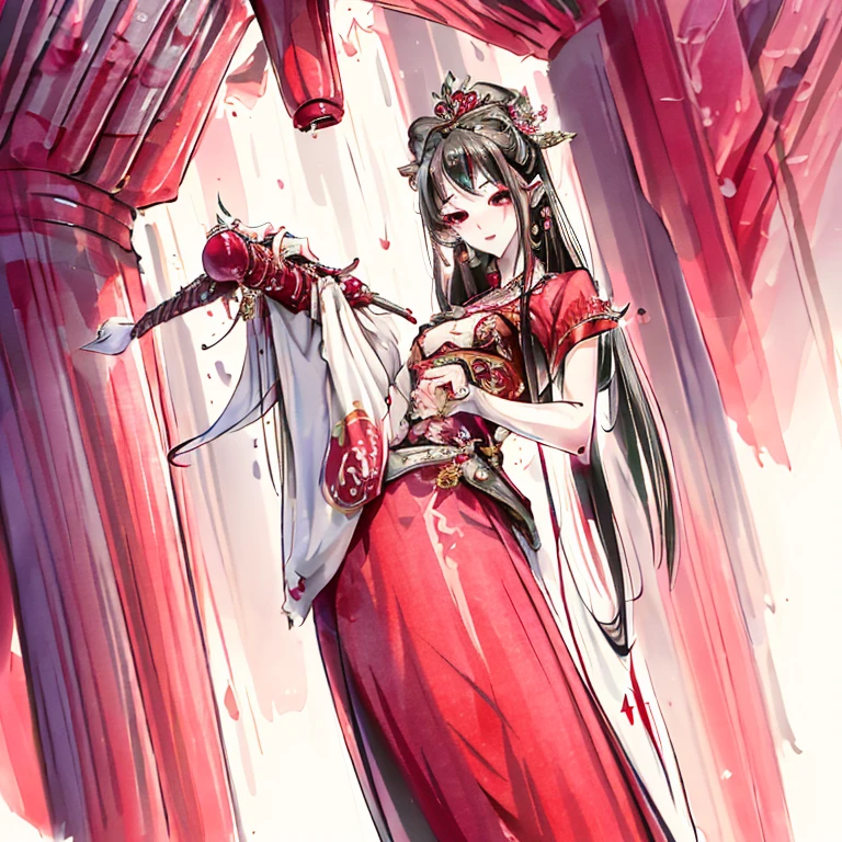 masterpiece, best quality,Princess in red martyred,Cool and beautiful temperament,Elegant hair accessories,Vomiting blood,The look of compassion makes people feel distressed,Beautiful eyebrows,Wearing ancient red dress standing on the high platform,Visual audience,Mid-chest,Perfect body proportions,4K