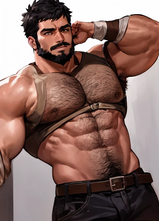 Obra-prima, melhor qualidade, ultra-detalhado, 1 homem, solo, chunk, bara, atleta, musculoso, cabelo preto, barba preta, barba no queixo, bigode, there is a man with a beard and no shirt on, peitoral a mostra, peludo, atraindo homem corpulento, personagem musculoso, homem robusto, bonito, arte de personagem masculino humano, arte oficial de personagem, design de personagem masculino, like a titan, muscle male hero, personagem masculino, blair armitage, mid-scene of um cara bonito, cueca, perto do espectador, bottom view