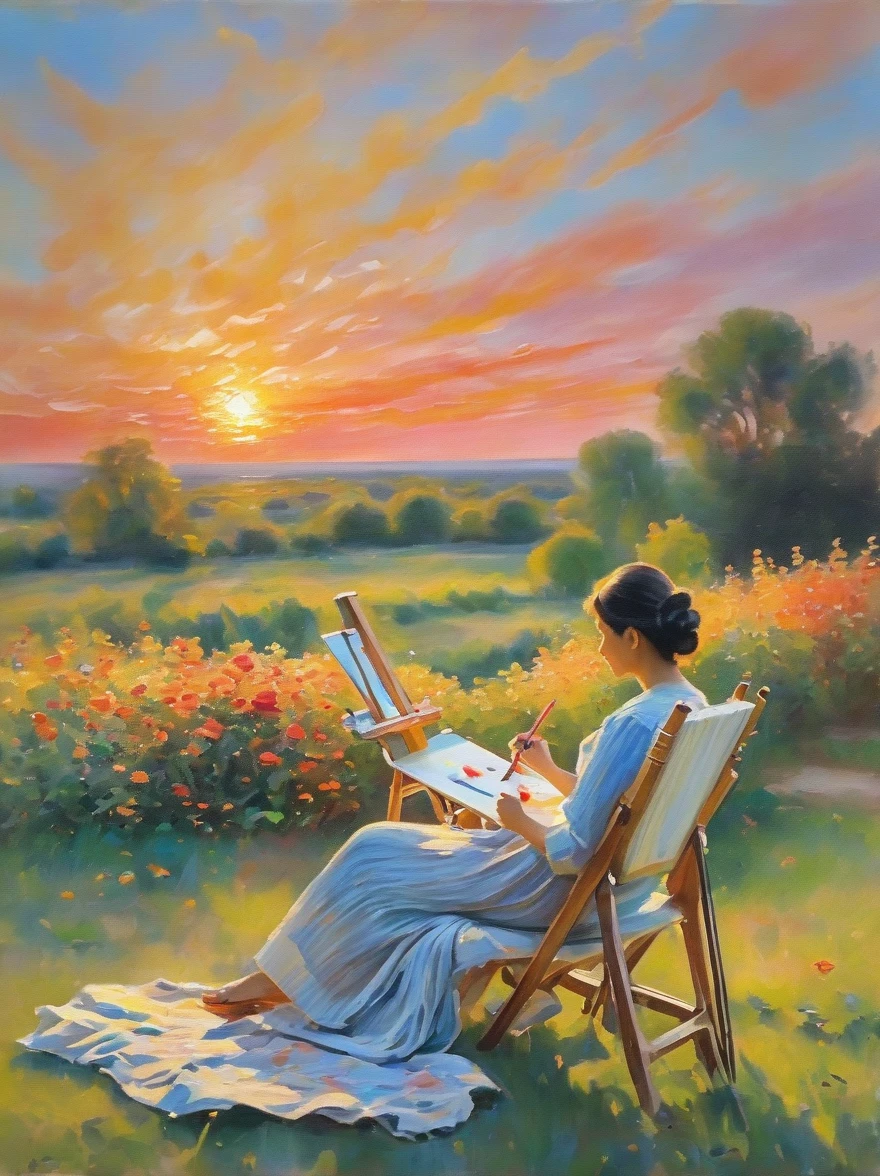 (Claude Monet style:1.3), This painting depicts a peaceful landscape，Following the principles of the Impressionist era，A Hispanic woman sits in a chair on a softly lit lawn，Holding an easel，Focus on capturing the beauty of the sunset，The sky is painted with brilliant colors，Orange，Pink and red swirls depict fleeting moments in nature，This is a hallmark of the Impressionist movement.，Woman in comfortable clothes，Hands busy painting a landscape on canvas with bright watercolor pens，Represented from the element