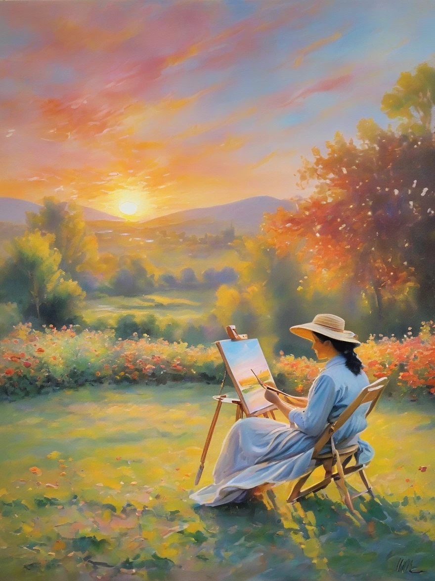 (Claude Monet style:1.3), This painting depicts a peaceful landscape，Following the principles of the Impressionist era，A Hispanic woman sits in a chair on a softly lit lawn，Holding an easel，Focus on capturing the beauty of the sunset，The sky is painted with brilliant colors，Orange，Pink and red swirls depict fleeting moments in nature，This is a hallmark of the Impressionist movement.，Woman in comfortable clothes，Hands busy painting a landscape on canvas with bright watercolor pens，Represented from the element