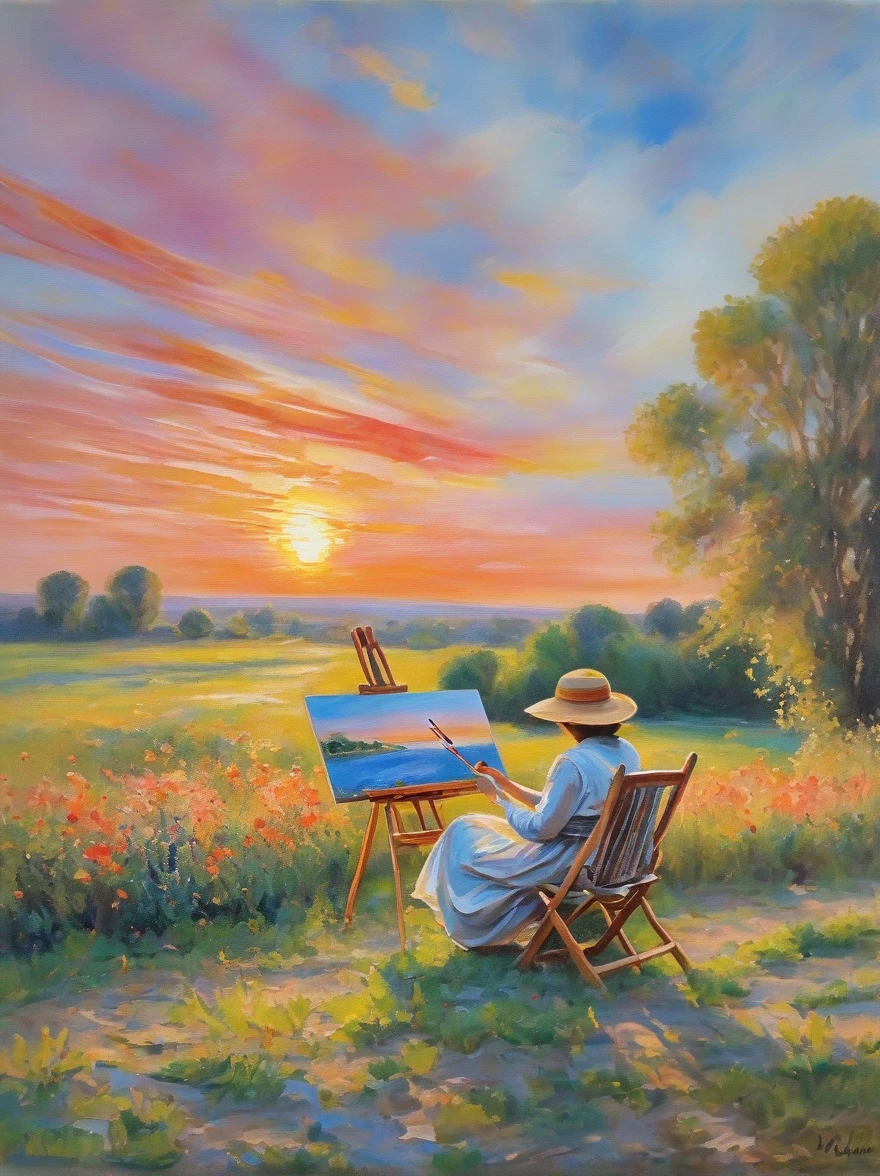 (Claude Monet style:1.3), This painting depicts a peaceful landscape，Following the principles of the Impressionist era，A Hispanic woman sits in a chair on a softly lit lawn，Holding an easel，Focus on capturing the beauty of the sunset，The sky is painted with brilliant colors，Orange，Pink and red swirls depict fleeting moments in nature，This is a hallmark of the Impressionist movement.，Woman in comfortable clothes，Hands busy painting a landscape on canvas with bright watercolor pens，Represented from the element