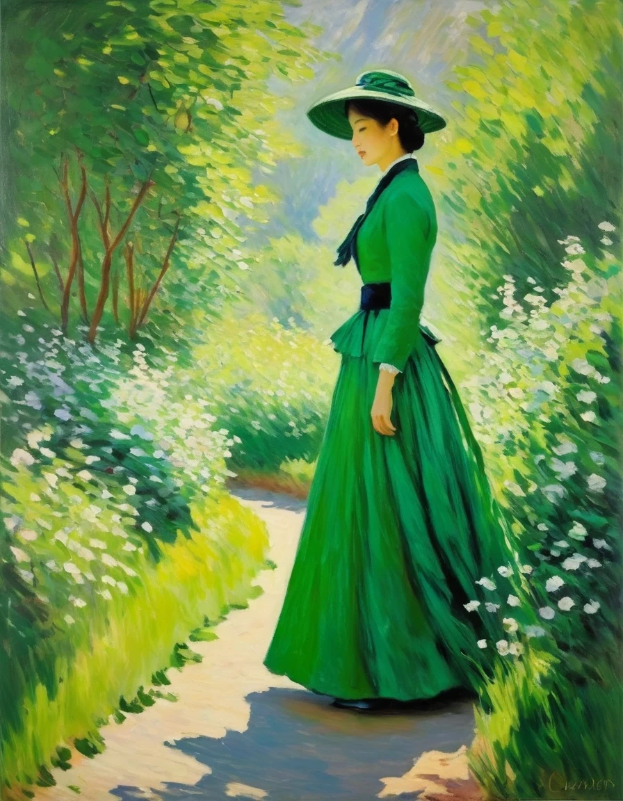 Claude Monet Style/Claude Monet style，《Lady in Green - Kamei》，Monet was good at experimenting and expressing light and shadow。His most important stylistic change was the way he painted shadows and contours.，There are no very clear shadows in Monet&#39;s paintings，There are no prominent or flat contour lines.。The color depiction of light and shadow is Monet&#39;s greatest feature。