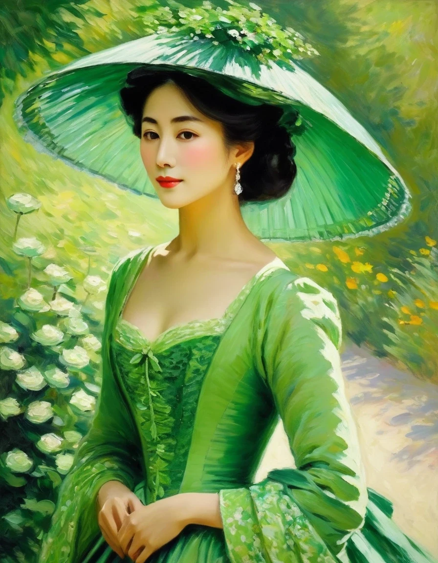 Claude Monet Style/Claude Monet style，《Lady in Green - Kamei》，Monet was good at experimenting and expressing light and shadow。His most important stylistic change was the way he painted shadows and contours.，There are no very clear shadows in Monet&#39;s paintings，There are no prominent or flat contour lines.。The color depiction of light and shadow is Monet&#39;s greatest feature。