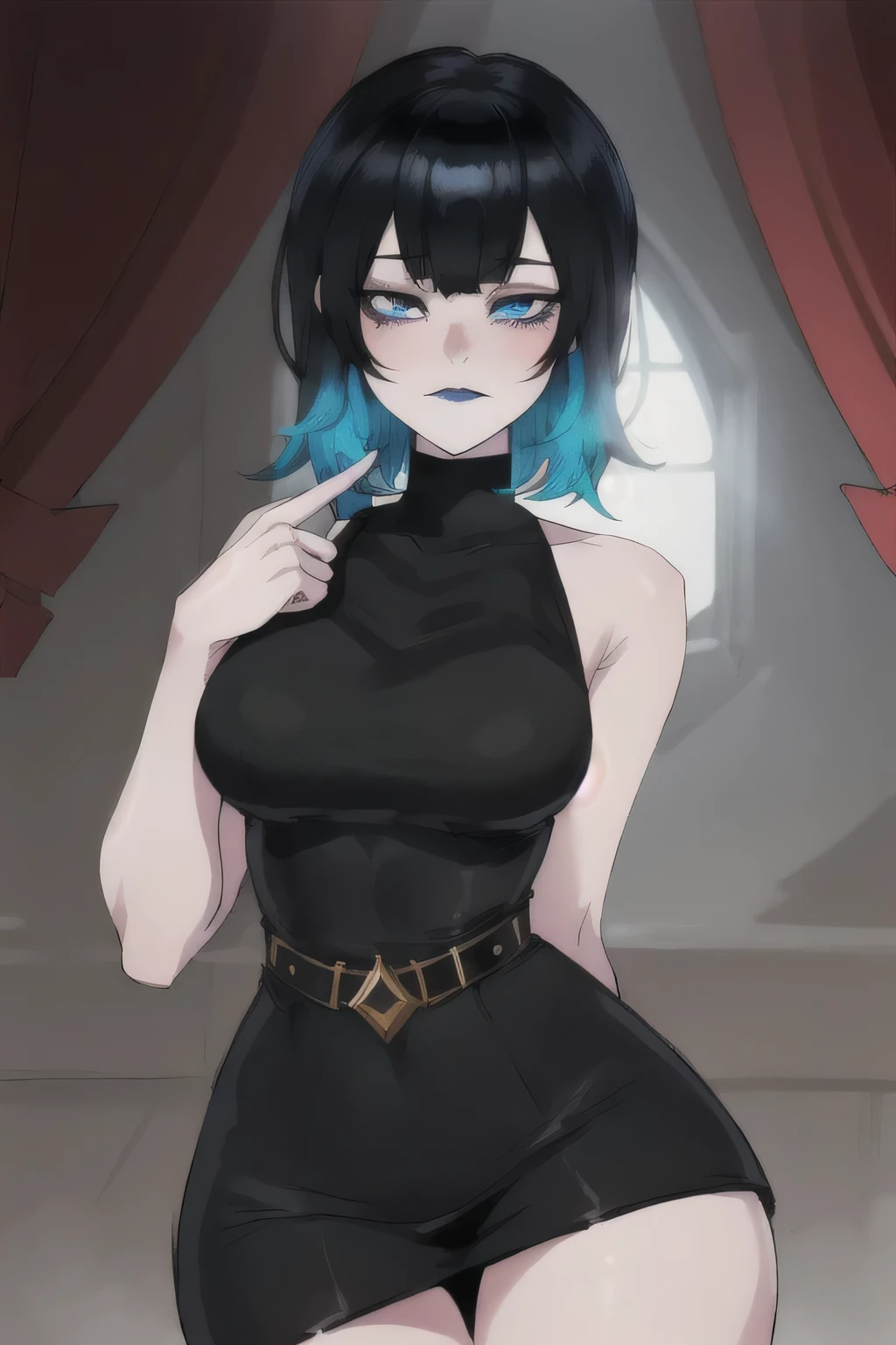 (best quality:1.4),(shiny skin), body focus, (cute face), (((best quality))), illustration, ((Beautiful Finger)), , Beautiful body, Beautiful character design, ,perfect lighting, Colorful, Bright_Front_face_Lighting, ultra high res, highres, absurdres:1.2, bokeh:1.2, lens flare, (vibrant_color:1.2), (thick thighs:1.1), THICK, Black hair with bangs, pale skin, large round blue eyes, black eyeliner, black lipstick, neutral expression, brown sleeveless dress