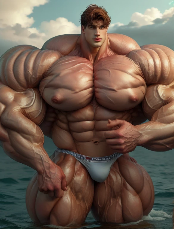 1 masculine men, giant, model shoot style, looking at camera, standing, cool ambience, outdoor, commercial photoshoot, large ocean waves, strong body, bulk, large size, standing, white triangular underwear, prominent bulge, big, brutalmass, giant, muscular body, bulk, massive body, large meaty body size, brown skin, wet