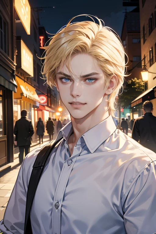 (tmasterpiece, high resolution, ultra - detailed:1.0), (1 boy, , 30 anos, male, masculine face), Perfect male body, tall and strong, Adult male, Delicate eyes and delicate face, Extremely detailed CG, Unity 8k wallpaper, Complicated details, Detailed face, (blond hair, messy hair, serious faces, white shirts,Bad students), (frown,evil smile:1.3), Outdoor, (Street at night), street style, color difference, Depth of field, dramatic shadow, Ray tracing, Best quality, Cinematic lighting, offcial art,Portrait