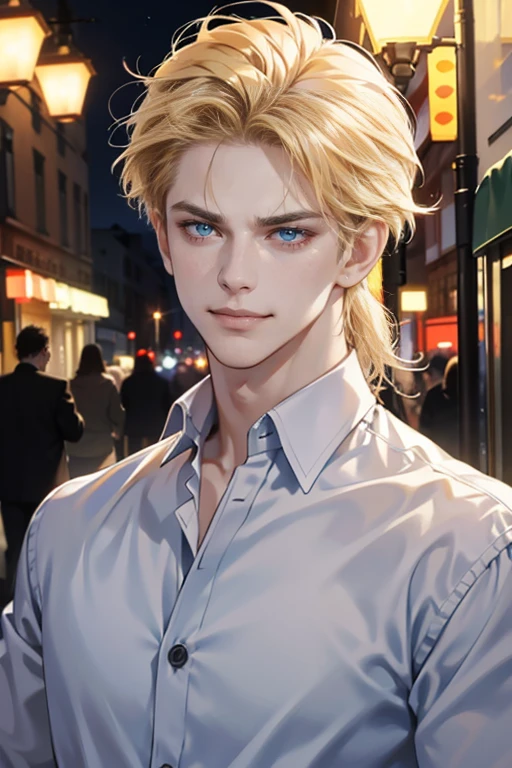 (tmasterpiece, high resolution, ultra - detailed:1.0), (1 boy, , 30 anos, male, masculine face), Perfect male body, tall and strong, Adult male, Delicate eyes and delicate face, Extremely detailed CG, Unity 8k wallpaper, Complicated details, Detailed face, (blond hair, messy hair, serious faces, white shirts,Bad students), (frown,evil smile:1.3), Outdoor, (Street at night), street style, color difference, Depth of field, dramatic shadow, Ray tracing, Best quality, Cinematic lighting, offcial art,Portrait