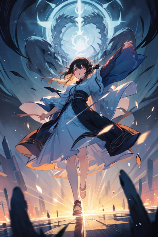 Beautiful anime art: a cold girl with silver hair in a white and blue flowing dress flies on huge translucent wings to a dark, strong man with black hair in scarlet and black flowing clothes, and behind him an army of thousands of monsters