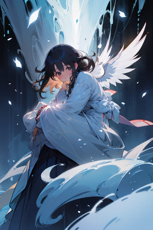 Beautiful anime art: a cold girl with silver hair in a white and blue flowing dress flies on huge translucent wings to a dark, strong man with black hair in scarlet and black flowing clothes, and behind him an army of thousands of monsters