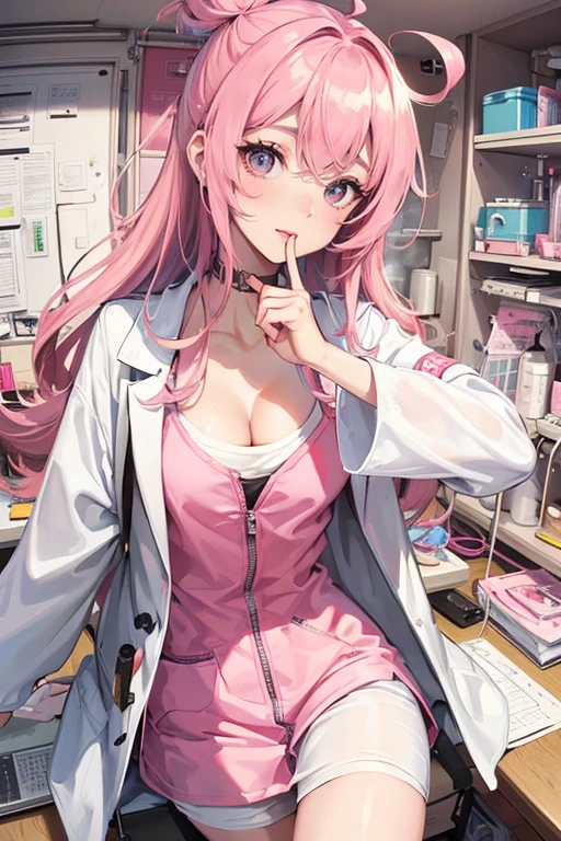 1girl,solo,cute,white coat,cleavage,scientist,in labo,experiment,chemical,messy room,around beaker,around testtube,pink water,pink smoke,