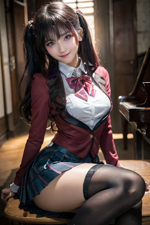 High School Girl Blazer、 uniform、Red checked skirt、JK Style、Jacket、smile、Knee-high socks、Thigh-high socks、pantyhose、Great beauty、So cute、Malaise、Rare beauty、Twin tail hair、Black dark eyeshadow、sad、Good skin radiance、Straightening iron for long hair、Dark Gothic Makeup、暗いsmile、The beauty of fragrance、Stained Glass Background、masterpiece、highest quality、See 5 books、Sweat glistening on my chest、Sweat glistening on the face、Small breast size、濃いPink Hair、Age: 22、Slightly slim、Playing the piano、sit and play an instrument、Piano available、Mysterious look、Sad look、Pink Hair、mysterious gothic church、enchanting castle、Sweating profusely all over the body、Lots of sweat on thighs and light、Shiny thighs、There is a lot of sweat glistening on my thighs、Copious sweat glistens on the thighs、Sweating profusely、Gal、Small breasts、The Face of Japan、Captivating look、The thighs are a little thin、Above-the-knee skirt、