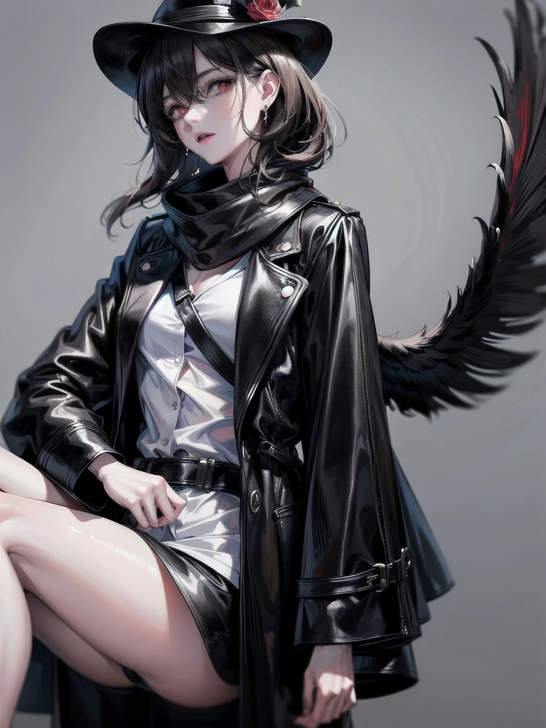 black French small hat, black trench coat, Black scarf, absurdres, RAW photo, extremely delicate and beautiful, masterpiece, Best Quality, ultra high resolution, 32k, hyperrealistic, ultra-detailed, detailed description, pale skin, 20 years old, tearful mole, earring, short medium hair, wavy hair, whole body shot, legs, Red eyes,