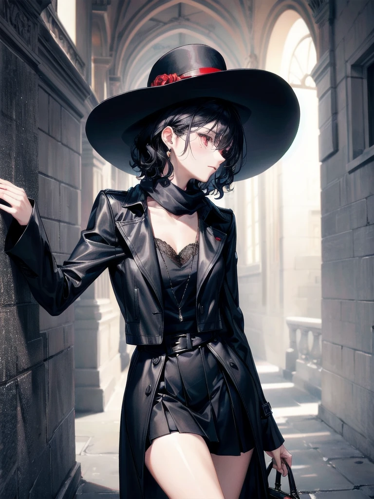 black French small hat, black trench coat, Black scarf, absurdres, RAW photo, extremely delicate and beautiful, masterpiece, Best Quality, ultra high resolution, 32k, hyperrealistic, ultra-detailed, detailed description, pale skin, 20 years old, tearful mole, earring, short medium hair, wavy hair, whole body shot, legs, Red eyes, 