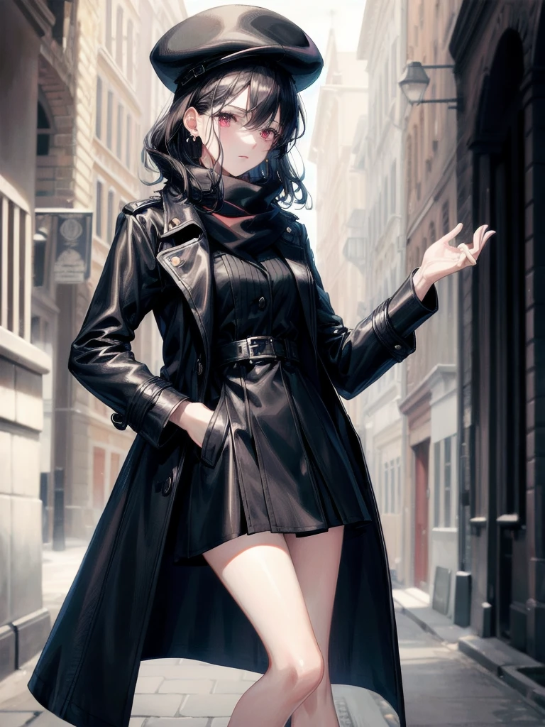 black French small hat, black trench coat, Black scarf, absurdres, RAW photo, extremely delicate and beautiful, masterpiece, Best Quality, ultra high resolution, 32k, hyperrealistic, ultra-detailed, detailed description, pale skin, 20 years old, tearful mole, earring, short medium hair, wavy hair, whole body shot, legs, Red eyes, 
