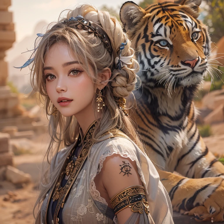 Hiding in the desert、Hair flow、 ((highest quality、masterpiece、8k、Best image quality、Ultra-high resolution、Award-winning works)、(Accurate anatomy:1.1)、(Look at me and smile:1.1)、Shining fair skin with Ultra-high resolution、The most detailed face、Ultra-high resolution detailed face、Ultra-high resolutionの髪の毛、(Ultra-high resolutionの煌めく瞳:1.1)、Beautiful face drawn in every detail、(Blurred Background:1.1)、Ancient Islamic clothing, Full body tiger tattoo, Old ruins in the background、Next to the tiger