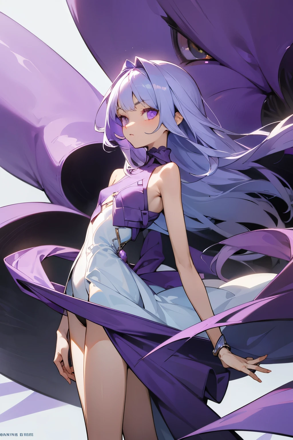 Character is a young girl, approximately 18-19 years old, approximately 165 cm tall. Slim body, good figure, proportionate figure, cute face, eye color and hair color are amethyst purple